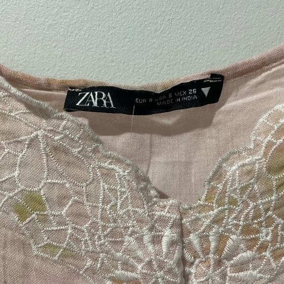 Zara Tie-Dye Embroidered Cream pink Top Cotton Cropped Shoulder ties Size S - Picture 8 of 10